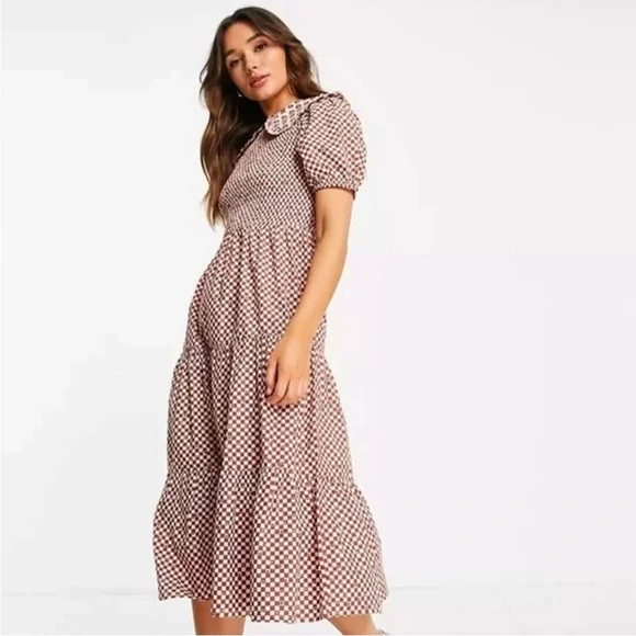 ASOS Neon Rose Floral Gingham Peter Pan Collar Midi Dress 🌼 - Picture 3 of 13